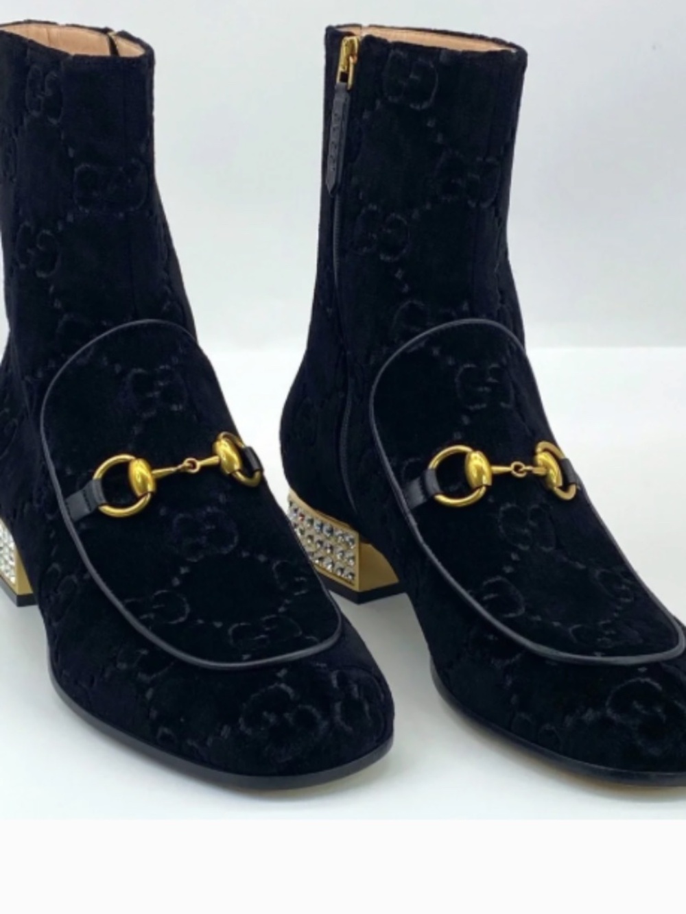 Gucci Monogram Velvet Horsebit Boot with Rhinestone Heel Size 40/10